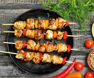 Chicken Kebabs with Herbed Smashed Cucumbers